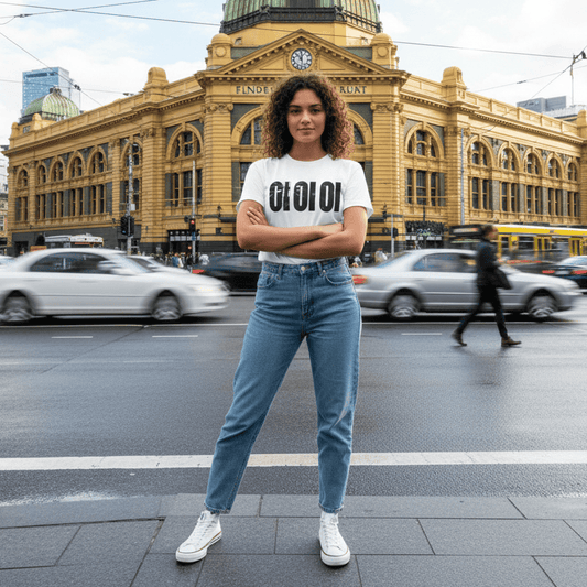 A woman with curly hair wearing a white t-shirt and jeans standing in front of Flinders Street Station in Melbourne, Australia, with city traffic blurred in the background.