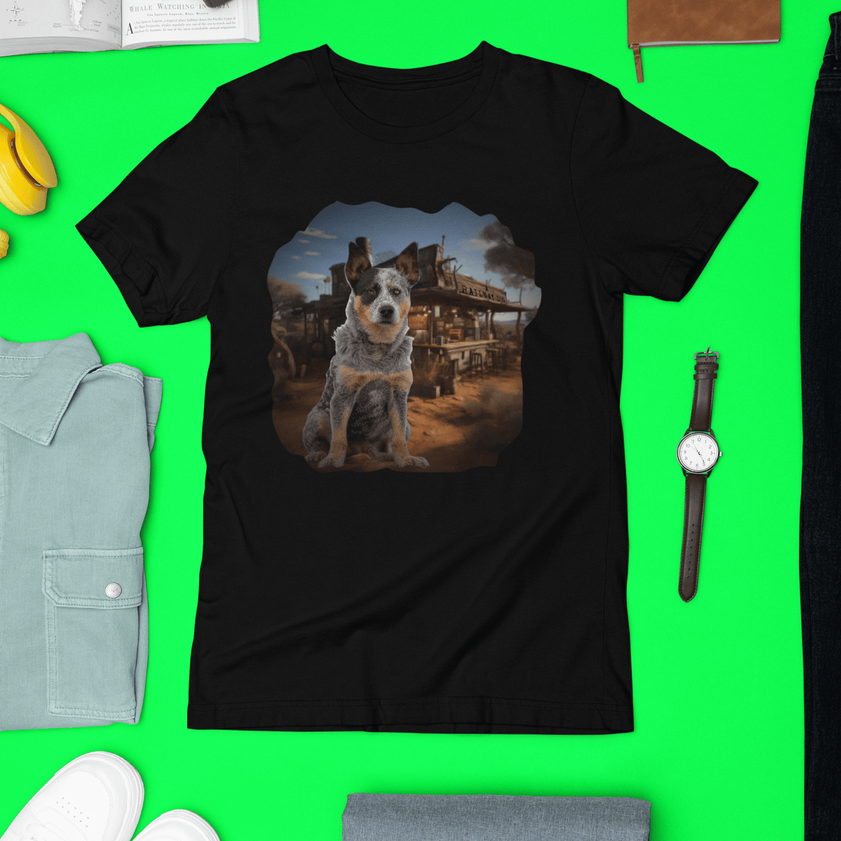 Flat-lay travel outfit mockup on a bright green background featuring a black graphic t-shirt with an Australian Cattle Dog Blue Heeler sitting in front of a rustic Outback Pub Scene