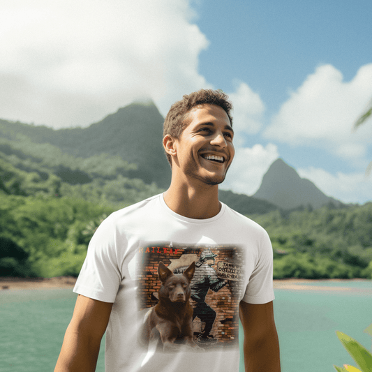 Smiling man outdoors wearing a white graphic t-shirt featuring a brown Australian Kelpie dog in front of a brick wall with street art of a baseball batter and text reading "Take Me Out to the Ball Game" and "A Railway Dog".