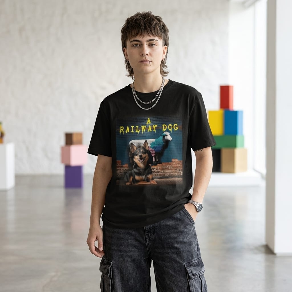  Model wearing a black oversized graphic t-shirt featuring an Australian Kelpie and sheep mural with yellow dripping text reading "A Railway Dog" in a modern studio setting.