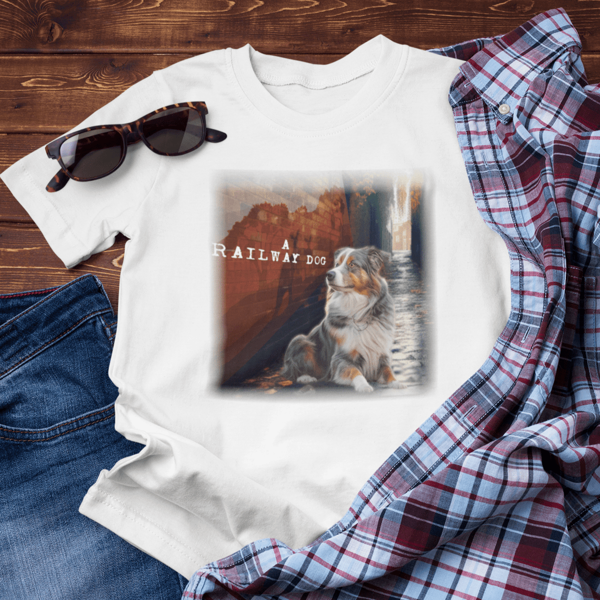 Flat-lay outfit mockup on dark wood boards featuring a white graphic t-shirt styled with a plaid flannel shirt, blue jeans, and tortoiseshell sunglasses, showcasing a blue merle Australian Shepherd resting in an urban alleyway against a brick mural with "A Railway Dog" text.