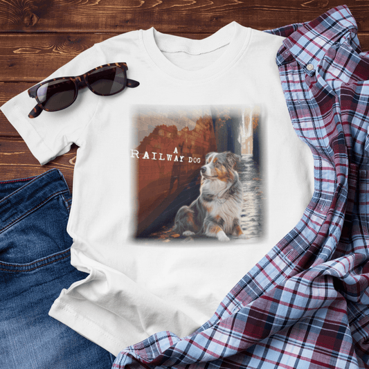 Flat-lay outfit mockup on dark wood boards featuring a white graphic t-shirt styled with a plaid flannel shirt, blue jeans, and tortoiseshell sunglasses, showcasing a blue merle Australian Shepherd resting in an urban alleyway against a brick mural with "A Railway Dog" text.