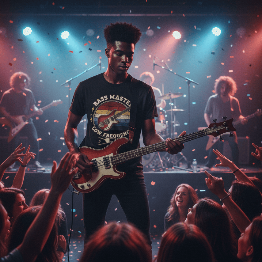 Bassist performing on stage with colorful lights and a crowd in the foreground