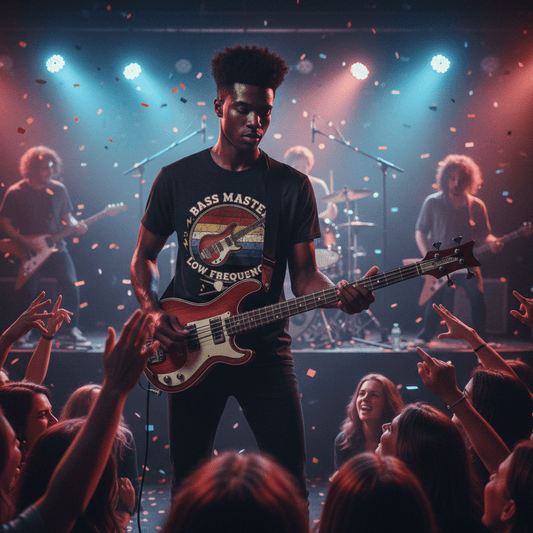 Bassist performing on stage with colorful lights and a crowd in the foreground