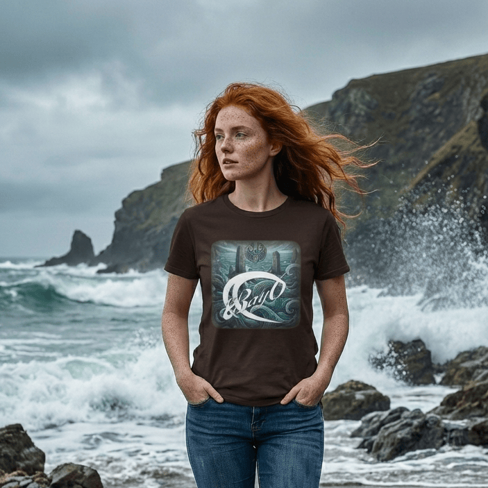 Woman standing on a rocky beach with ocean waves crashing behind her, wearing a t-shirt with a Ba6 Surf design