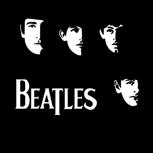 Black t-shirt with white graphic of The Beatles' faces and logo.