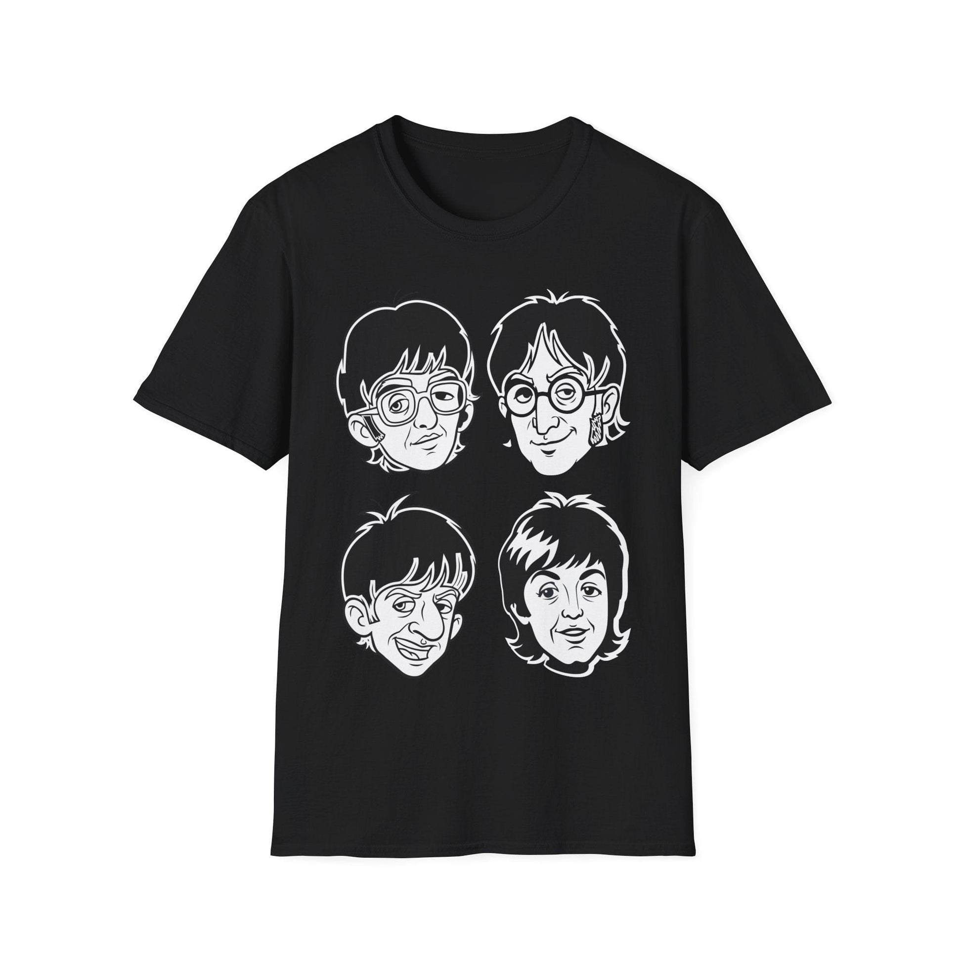 Black Beatles t-shirt with white line drawings of four faces on a white background