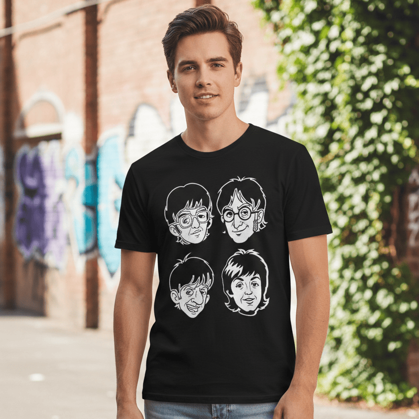 Man wearing a black t-shirt with graphic designs of the Beatles