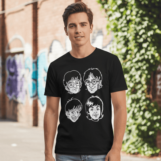 Man wearing a black t-shirt with graphic designs of the Beatles