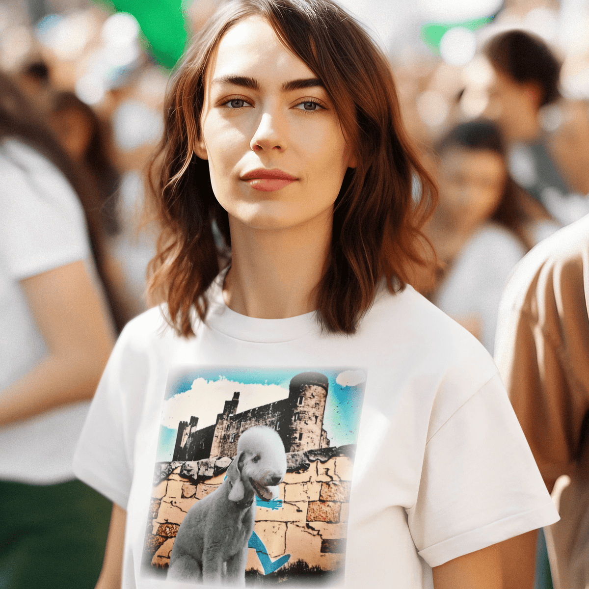 Young woman outdoors wearing a white crew-neck t-shirt featuring a Bedlington Terrier dog in front of a stone wall and medieval castle street art graphic under a bright blue sky.