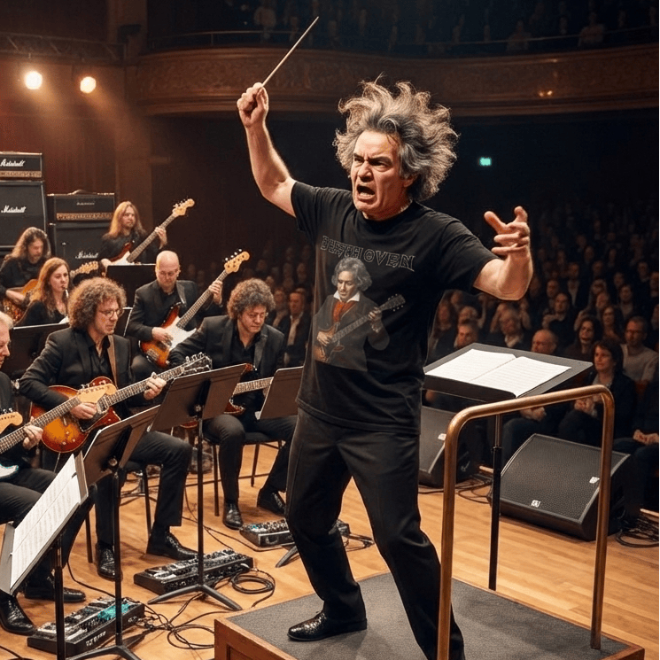 A black t-shirt features a graphic with the word "BEETHOVEN" rendered in a white outline, heavy metal band font above a classical oil painting-style portrait of the composer Ludwig van Beethoven playing a sunburst semi-hollow electric guitar.