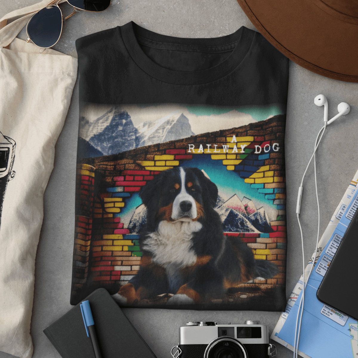 Flat-lay travel outfit mockup featuring a black graphic t-shirt surrounded by a camera, sunglasses, hat, and earphones, printed with a Bernese Mountain Dog lying in front of a snow-capped mountain range and colorful painted brick wall with "A Railway Dog" text.