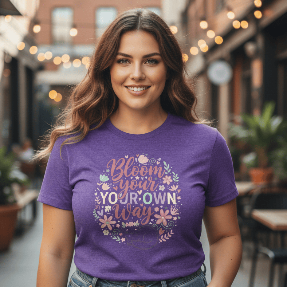 Smiling woman wearing a purple ‘Bloom Your Own Way’ floral graphic T-shirt, standing in an outdoor laneway with café lights in the background.