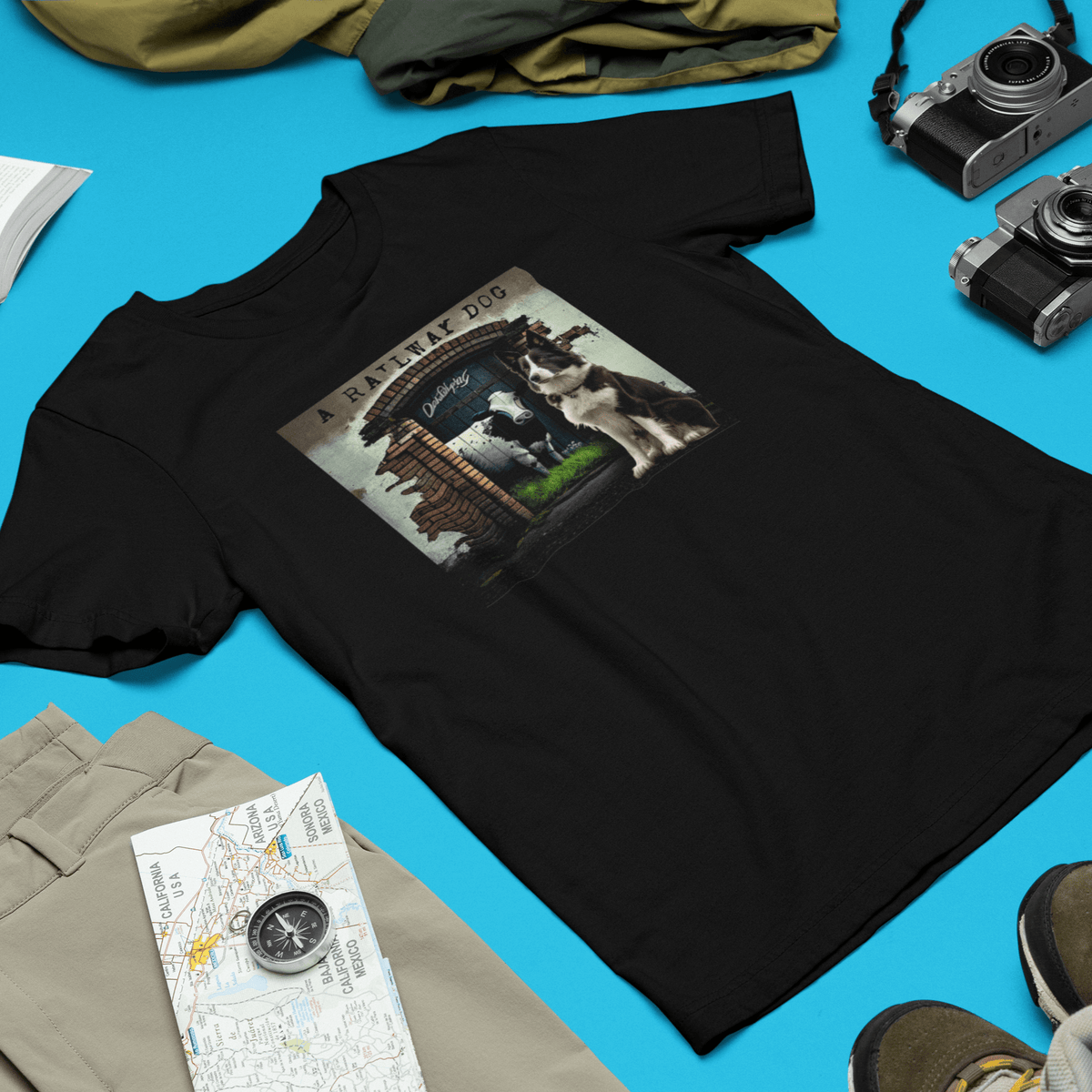 Flat-lay travel outfit mockup on a bright teal background with cameras, boots, and a map, featuring a black graphic t-shirt with a Border Collie dog sitting beside a brick archway framing a dairy cow mural and "A Railway Dog" text.