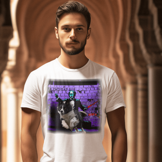 graphic t-shirt featuring a Border Collie leaping forward from a stage Conductor mural against a purple brick wall with "A Railway Dog" text.