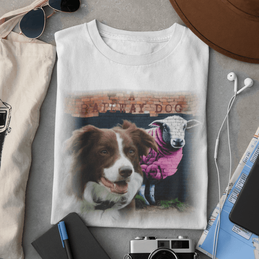 graphic t-shirt flat lay featuring a brown and white Border Collie in front of a brick mural depicting a sheep in a pink sweater with "A Railway Dog" text.
