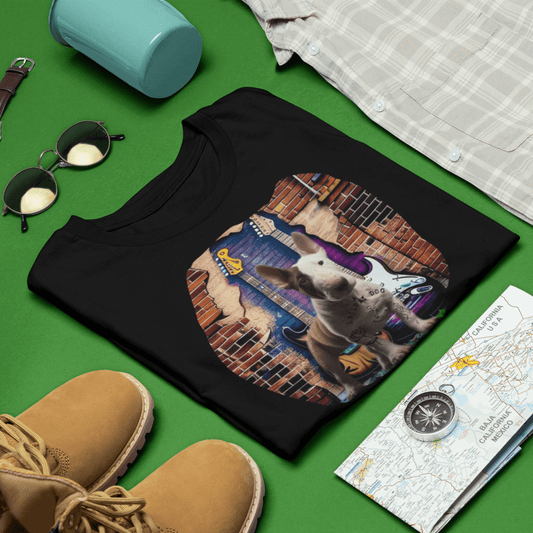 Flat-lay travel outfit mockup on a green background with boots, sunglasses, and a map, featuring a black graphic t-shirt with a Tattooed Bull Terrier sitting in front of an electric guitar and broken brick wall mural with "A Railway Dog" text.