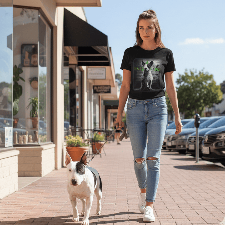 Woman walking a Bull Terrier and wearing a Bull Terrier Tshirt on a sidewalk with storefronts and parked cars in the background
