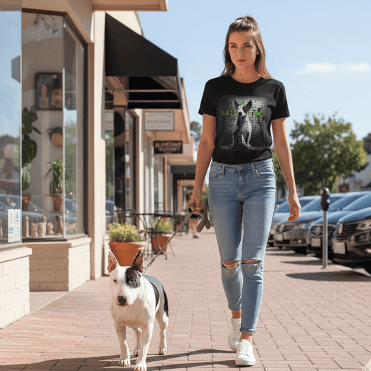 Woman walking a Bull Terrier and wearing a Bull Terrier Tshirt on a sidewalk with storefronts and parked cars in the background
