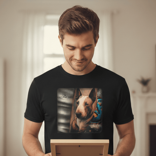 A young man with short brown hair and a gentle smile looks down lovingly at a wooden photo frame he is holding. He is wearing a black T-shirt featuring a prominent graphic of a realistic Bull Terrier tattoo on an arm, set against a background of urban graffiti and a textured wall with the text "A RAILWAY DOG." Inside the photo frame he holds is a black-and-white picture of a dog sleeping peacefully. The scene is set in a warm, softly lit living room with a fireplace and bookshelf in the background.