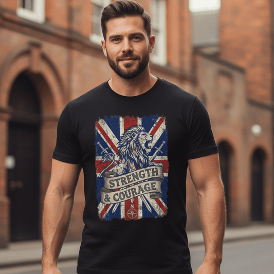 British Lion Strength & Courage T-Shirt - Distressed Union Jack Graphic Tee