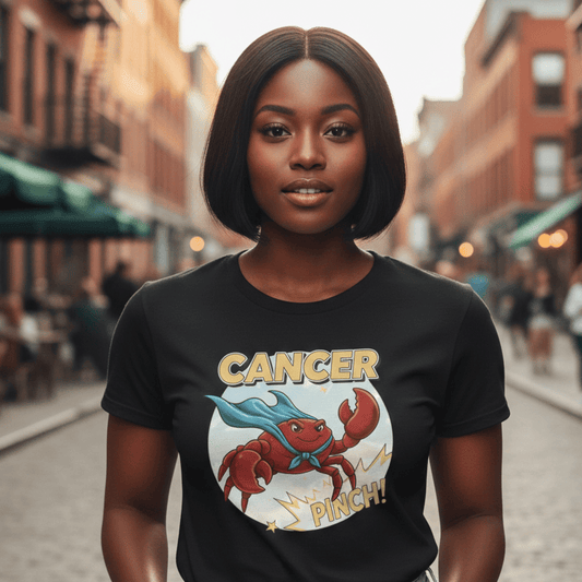 A Black woman with a sleek, short-haired bob wearing a black fitted women's t-shirt. The shirt features a vibrant cartoon superhero crab with a blue cape, the word 'CANCER' above, and 'PINCH!' in a comic-style yellow burst below. She is standing on a cobblestone city street with historic brick buildings and a blurred background.