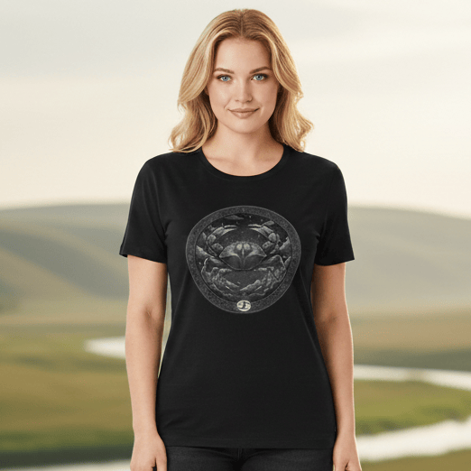 A black short-sleeved t-shirt displayed against a plain white background. Centered on the chest is a detailed circular graphic featuring a stylized crab, representing the Cancer zodiac sign, surrounded by celestial elements like stars and clouds. A small Cancer symbol is positioned at the very bottom of the circular frame.