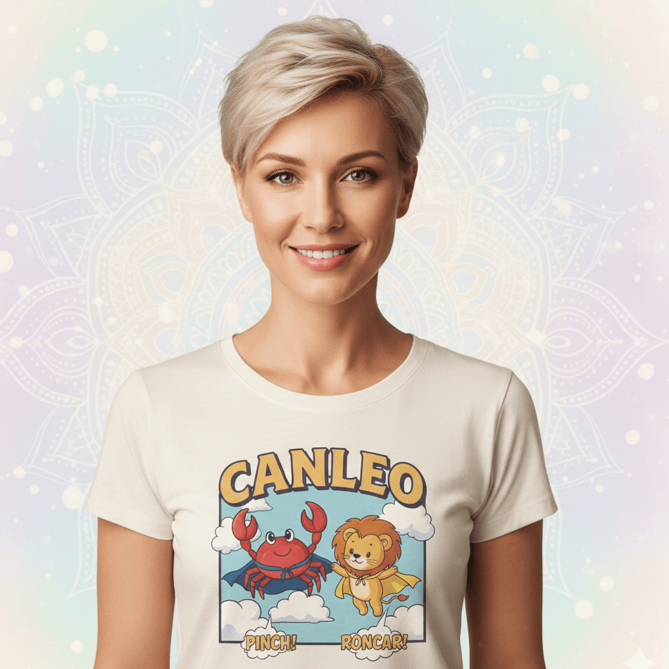 An attractive woman in her late 30s with short, stylishly swept blonde hair is shown from the chest up against a dreamy, pastel-colored mandala background. She is wearing an off-white women’s-cut graphic t-shirt featuring a playful, comic-inspired design labeled "CANLEO." The illustration depicts a cute red crab with a blue cape and a friendly lion with a yellow cape floating among clouds, with the words "PINCH!" and "ROAR!" displayed in speech bubbles below them.