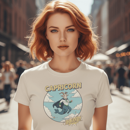 A flat-lay mockup of a cream-colored t-shirt featuring a vintage-style graphic of a Capricorn sea-goat superhero. The goat wears a white shirt with a green Capricorn symbol, a dark blue cape, and is depicted mid-flight against a blue sky with fluffy clouds. The design is framed within a circle, with the word "CAPRICORN" in yellow block letters at the top and "CLIMB!" in a yellow comic-book-style speech bubble at the bottom.