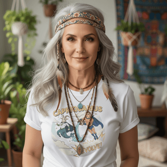 Woman wearing a white zodiac t-shirt with a graphic design in a bohemian-style room.