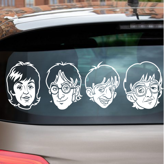 Car window with four white Beatles-style face decals.