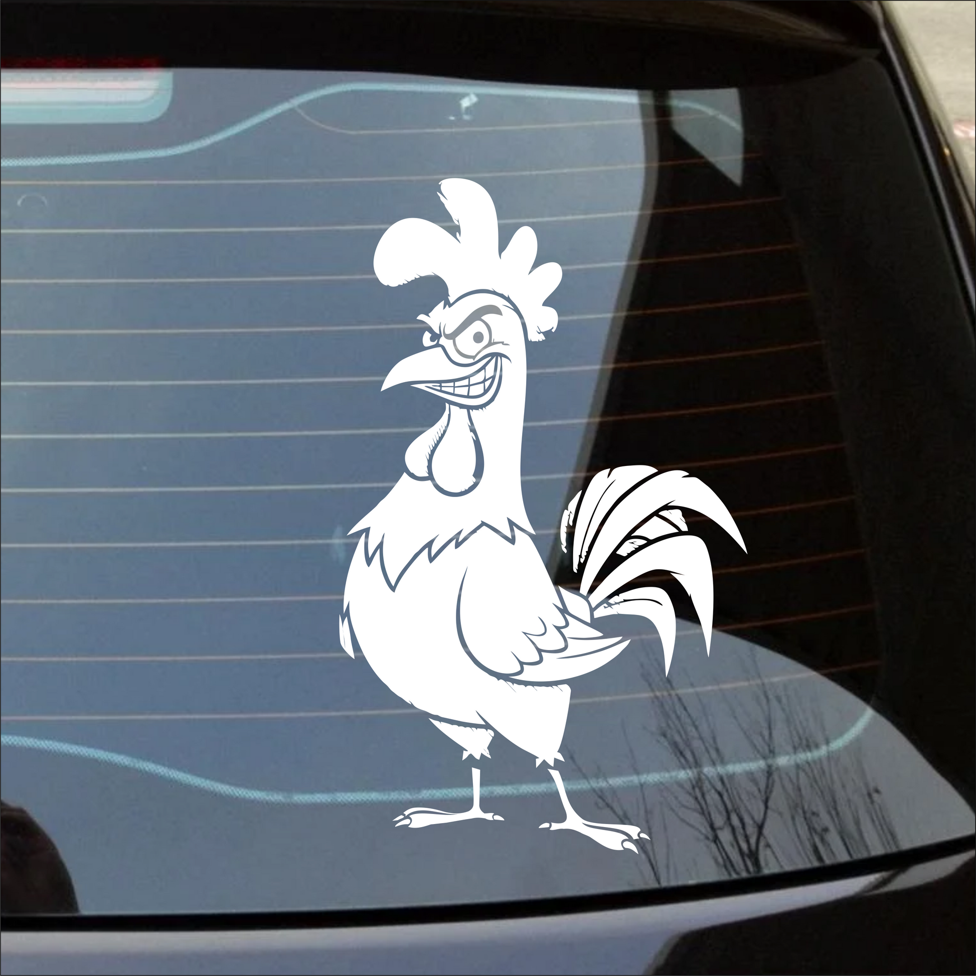 Cartoon rooster decal on a car window