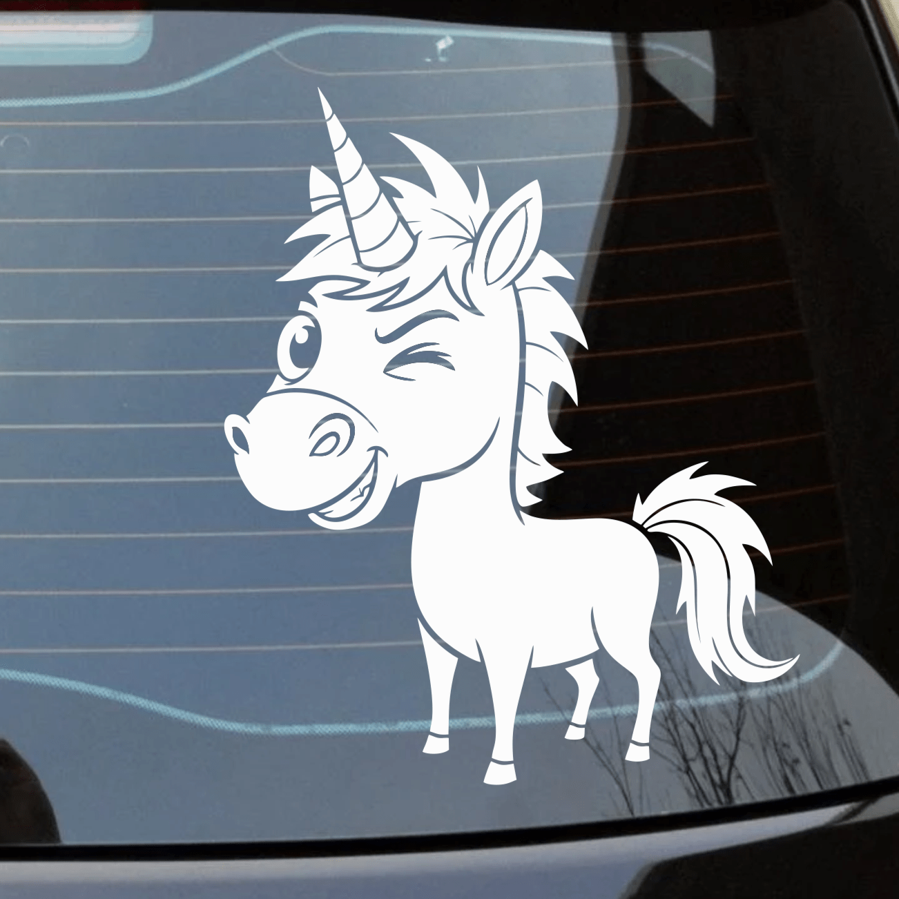 Unicorn decal on a car window with a cityscape background