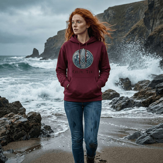 Woman in a maroon hoodie with a logo standing on a rocky beach with waves crashing around.