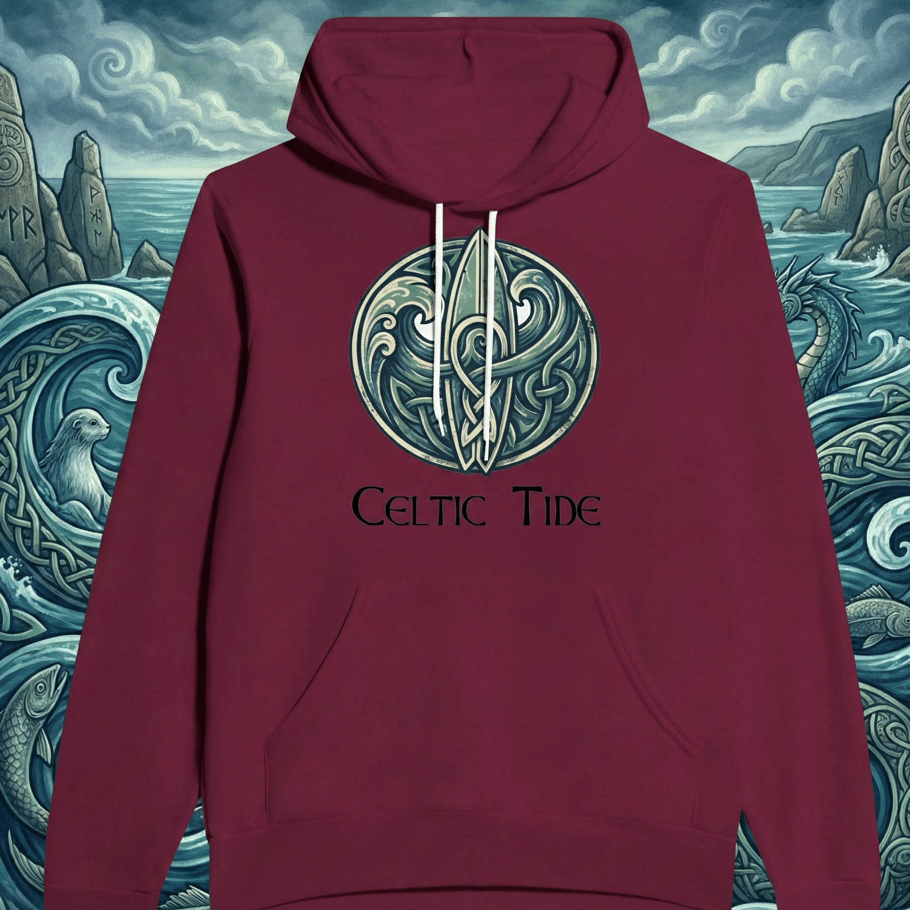 Maroon hoodie with 'Celtic Tide' design on a Celtic art background