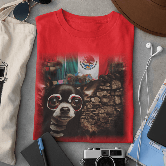 graphic t-shirt flat lay featuring a Chihuahua with Día de los Muertos sugar skull face paint in front of a Mexican flag and stone wall.