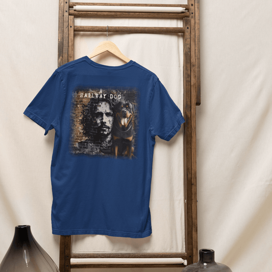 graphic t-shirt featuring a Rottweiler beside a Chris Cornell brick mural portrait with "A Railway Dog" text.