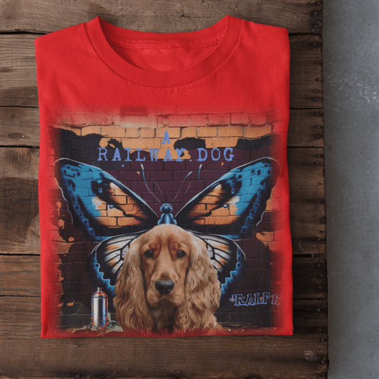 graphic t-shirt featuring a golden Cocker Spaniel centered in front of painted blue butterfly wings on a brick wall with "A Railway Dog" text.