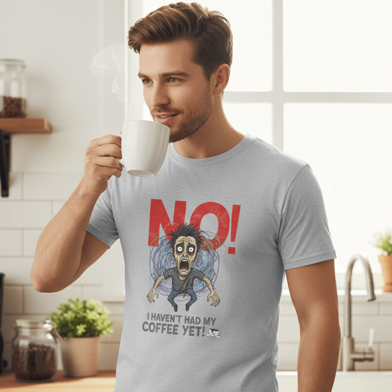 Man in a kitchen wearing a t-shirt with a humorous coffee-themed design.