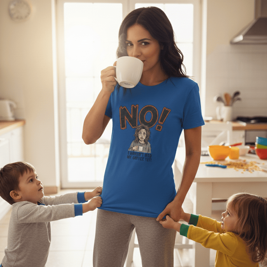 Woman in a kitchen wearing a blue t-shirt with 'NO!' text, holding a mug.