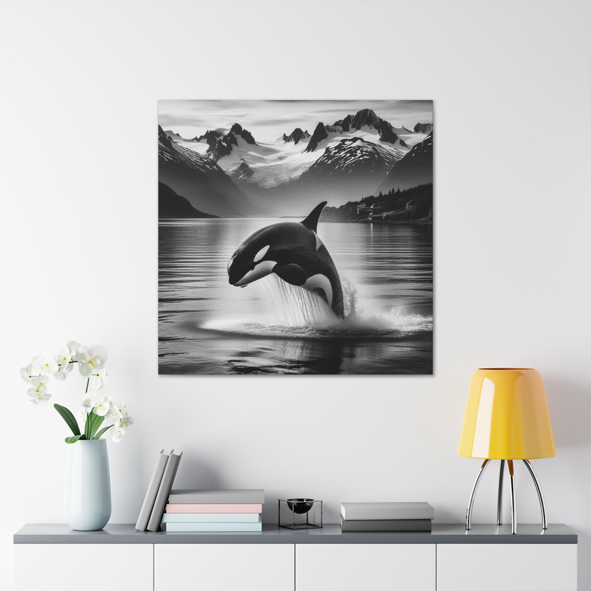 Majestic Orca Breaches in Stunning Fjord on Canvas - That Should Be on a T-Shirt