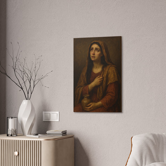 Painting of a Mary Magdalene on a wall above a side table with decorative items.