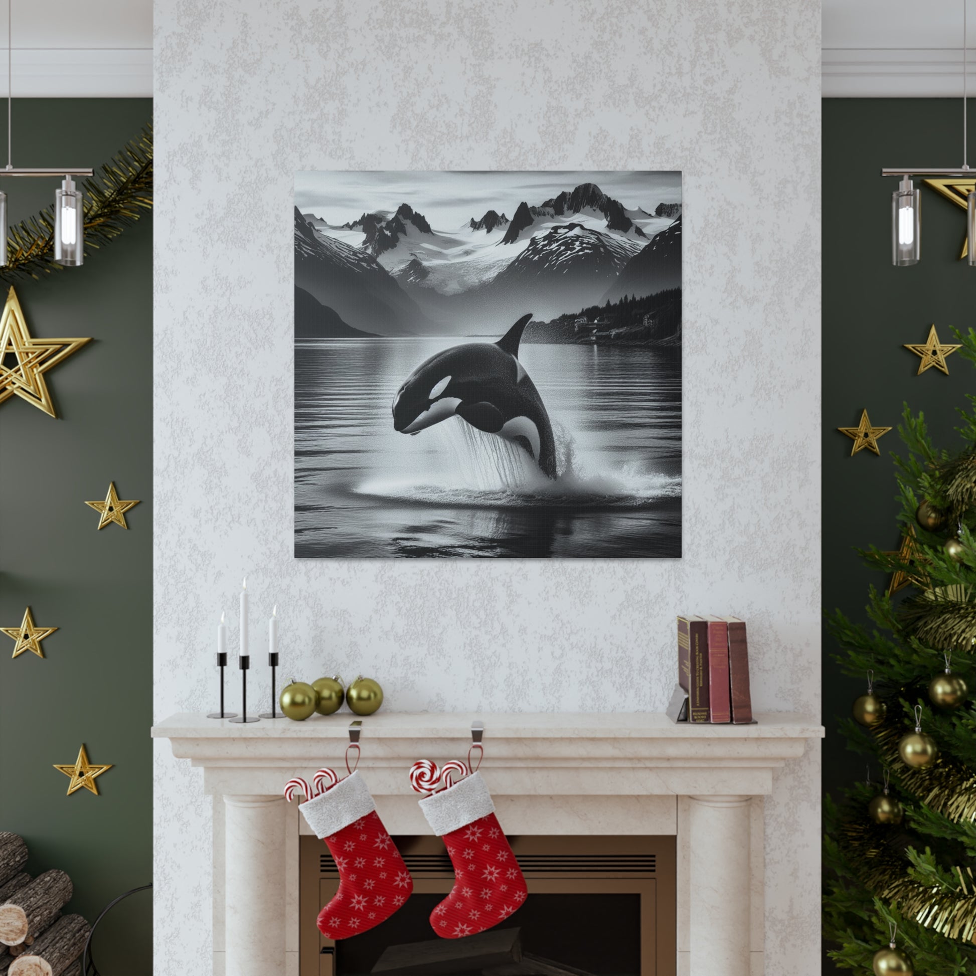 Majestic Orca Breaches in Stunning Fjord on Canvas - That Should Be on a T-Shirt