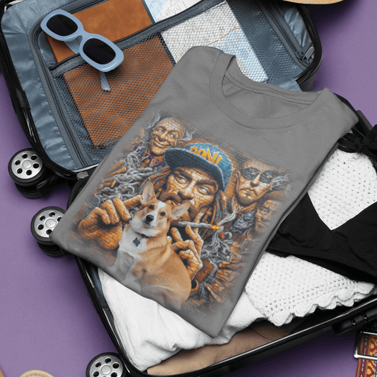 graphic t-shirt packed in a suitcase, featuring a Corgi in front of brick-textured Mount Rushmore hip-hop street art with "A Railway Dog" text.