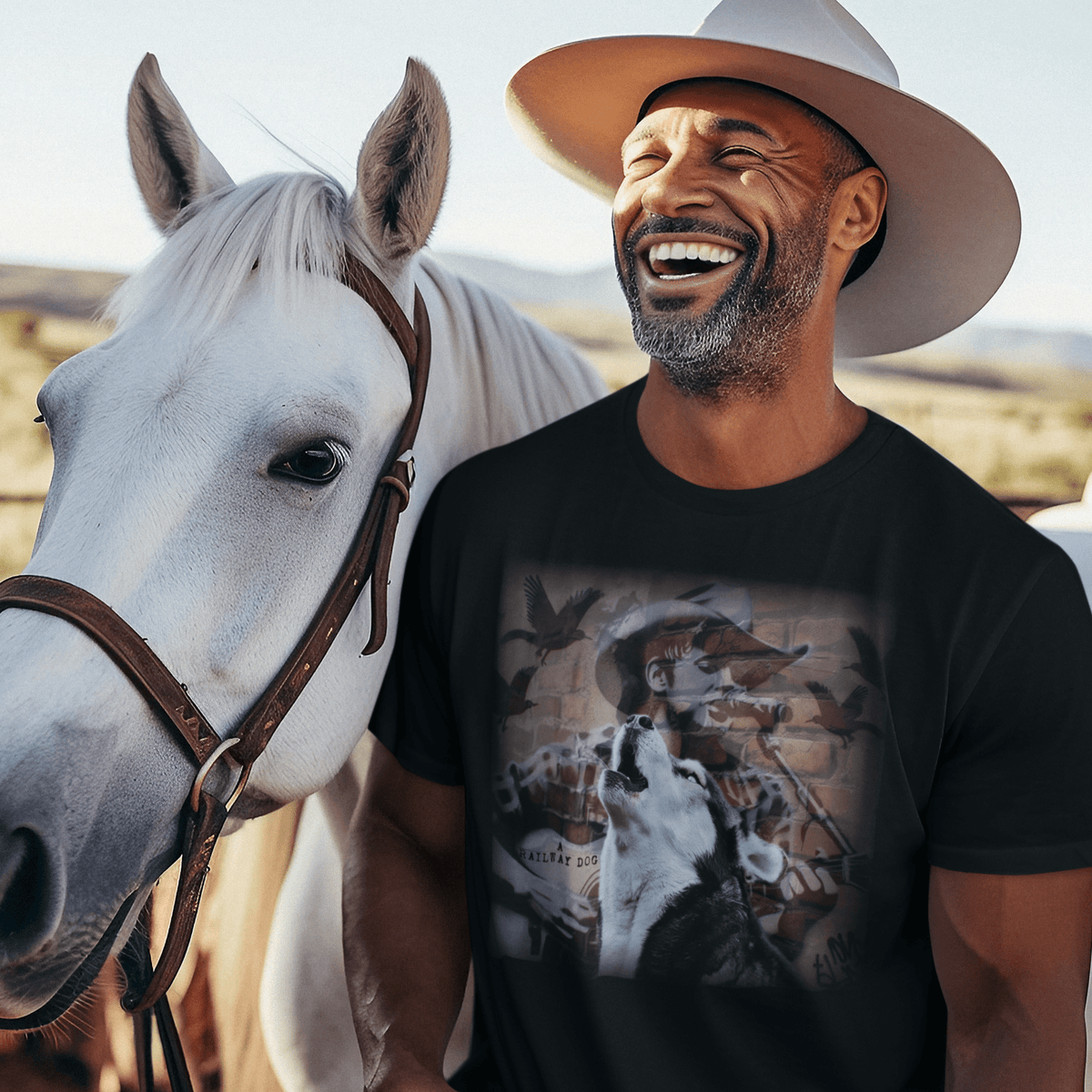 graphic t-shirt featuring a howling Siberian Husky in front of a country music singer mural on a brick wall with text reading "A Railway Dog."