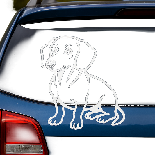 A stylized decal of a Dachshund in profile, positioned on the rear windshield of a blue SUV.