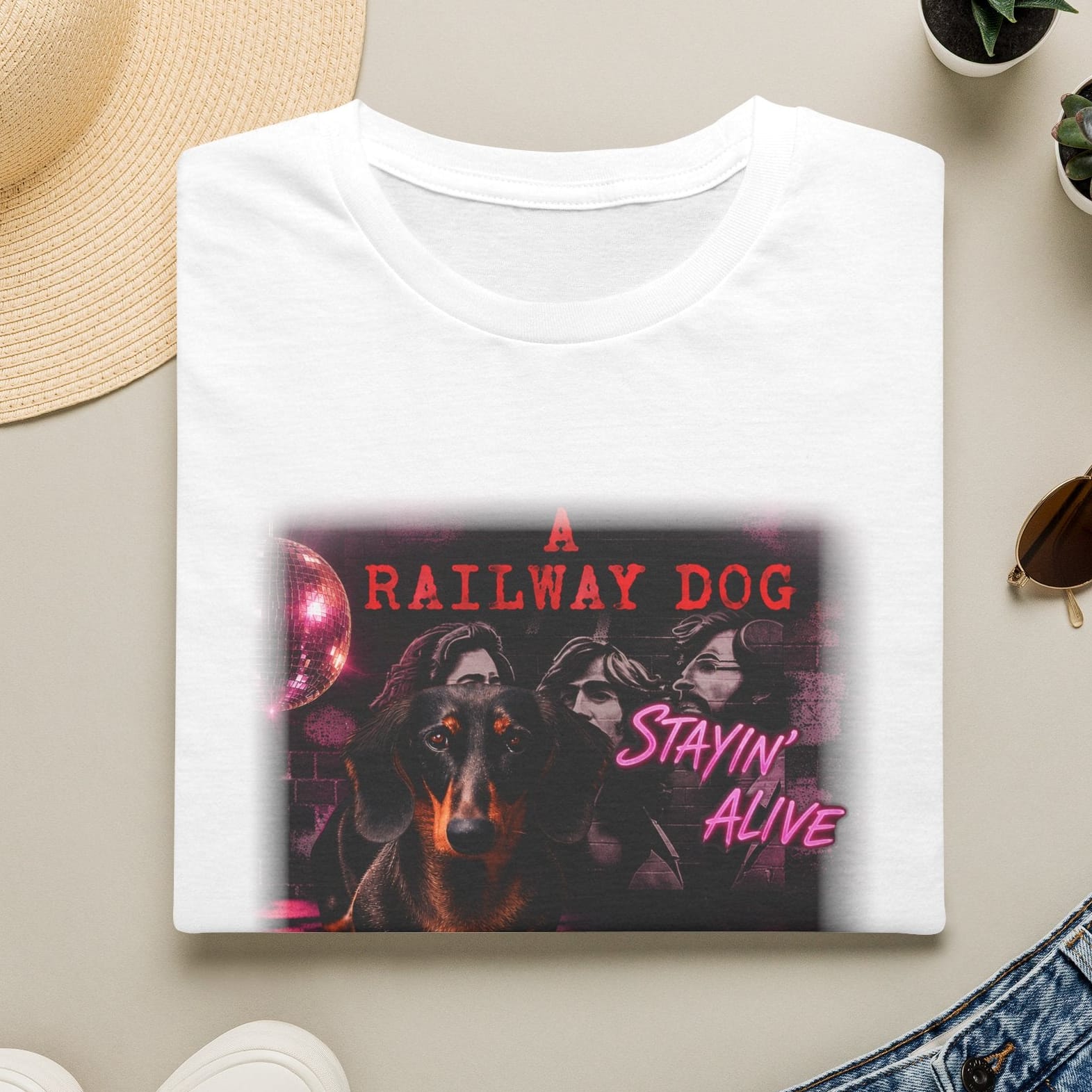 Dachshund Railway Dog Stayin Alive Retro Band Graphic T-Shirt for Dog Lovers