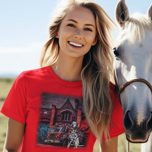 Smiling blonde woman standing outdoors next to a white horse, wearing a bright red t-shirt printed with a graphic of a Dalmatian dog sitting in front of a vintage fire truck and brick firehouse.