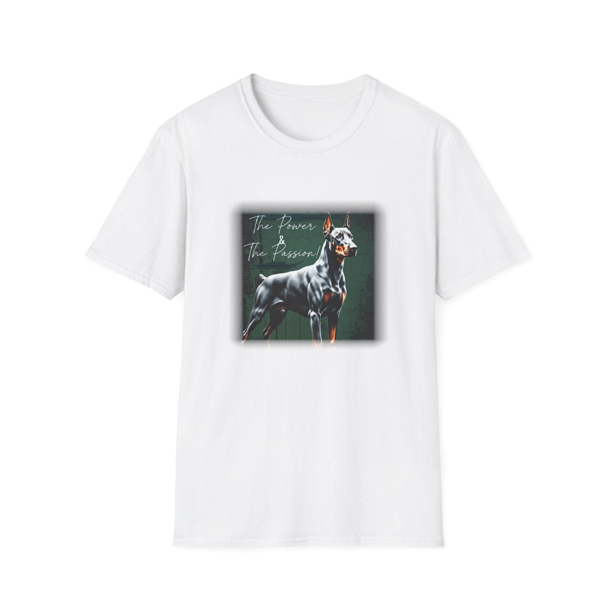 graphic t-shirt featuring a muscular Doberman Pinscher with script text reading "The Power & The Passion!"