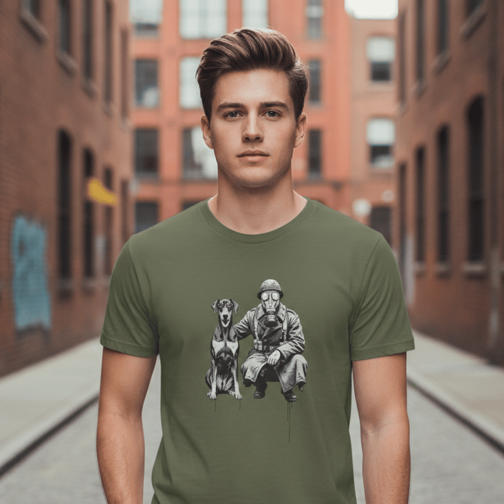 An olive green t-shirt featuring a centered, monochrome graphic illustration of a soldier and a dog. The soldier is crouched, wearing a vintage military overcoat, a helmet, and a gas mask. Next to him sits a Doberman Pinscher, with the soldier’s hand resting on the dog’s shoulder. The art style is a gritty, high-contrast stipple or woodcut effect, with subtle black ink-drip details trailing from the bottom of the figures.